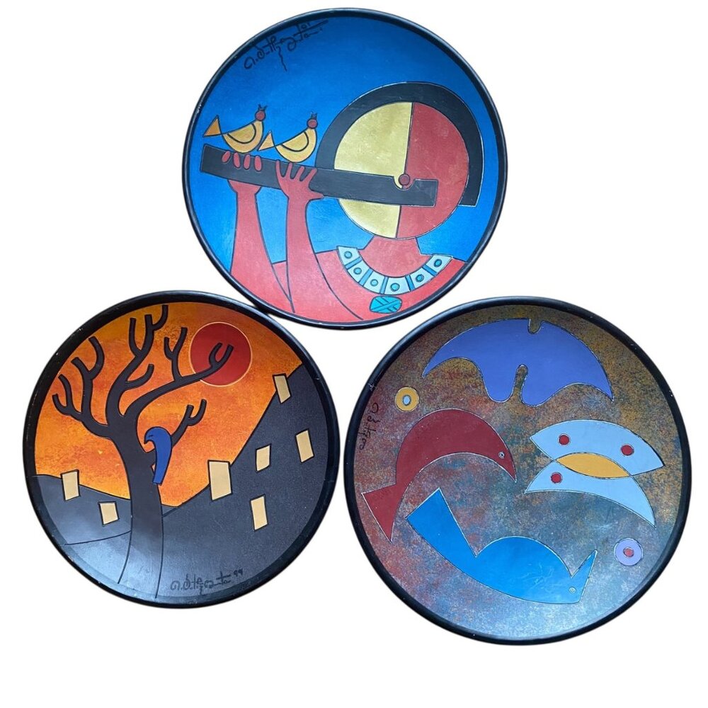 A.D. Hachstein Pottery Plates Set Abstract Modern Art Vibrant Colors Signed Vtg